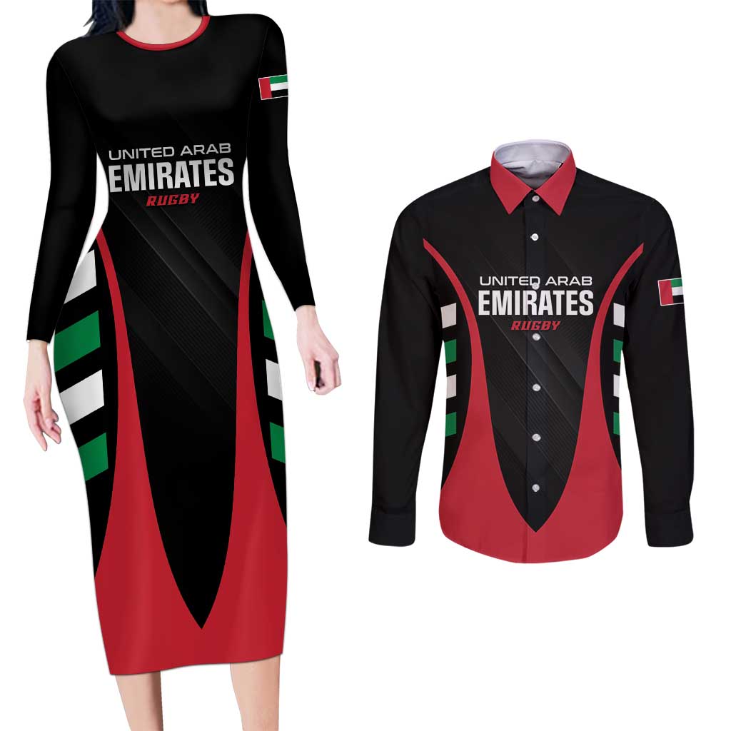 Custom United Arab Emirates Rugby Couples Matching Long Sleeve Bodycon Dress and Long Sleeve Button Shirt UAE Go Champions
