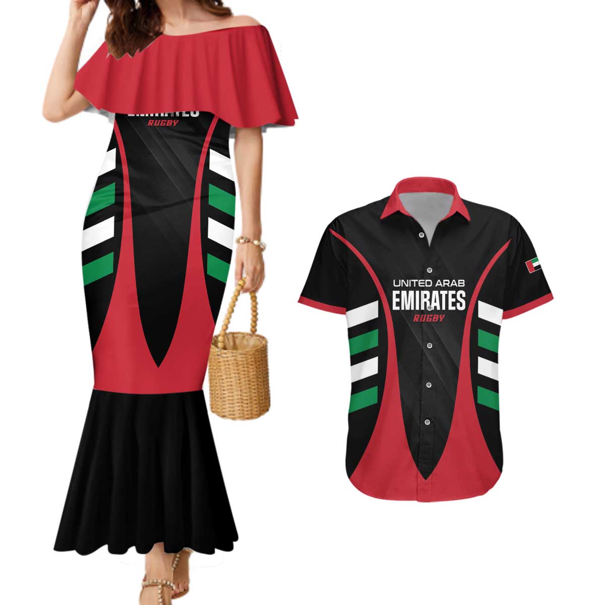Custom United Arab Emirates Rugby Couples Matching Mermaid Dress and Hawaiian Shirt UAE Go Champions