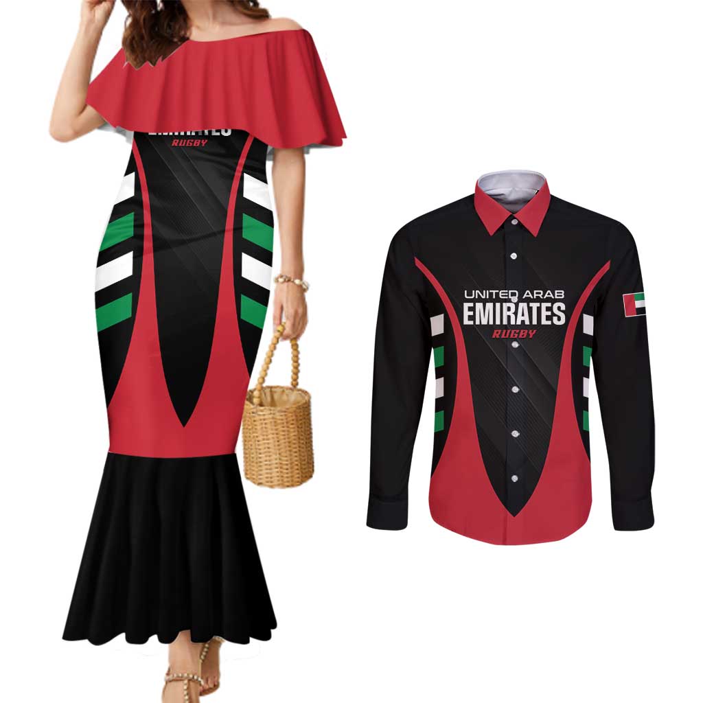 Custom United Arab Emirates Rugby Couples Matching Mermaid Dress and Long Sleeve Button Shirt UAE Go Champions