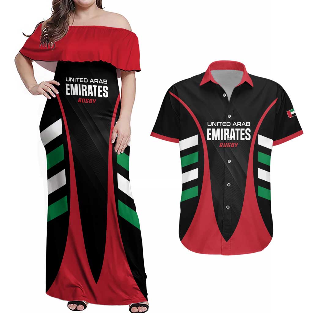 Custom United Arab Emirates Rugby Couples Matching Off Shoulder Maxi Dress and Hawaiian Shirt UAE Go Champions