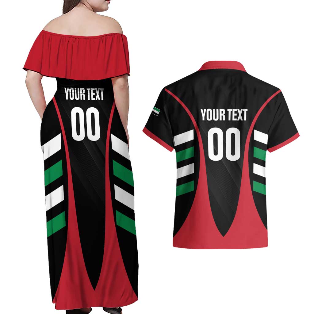 Custom United Arab Emirates Rugby Couples Matching Off Shoulder Maxi Dress and Hawaiian Shirt UAE Go Champions
