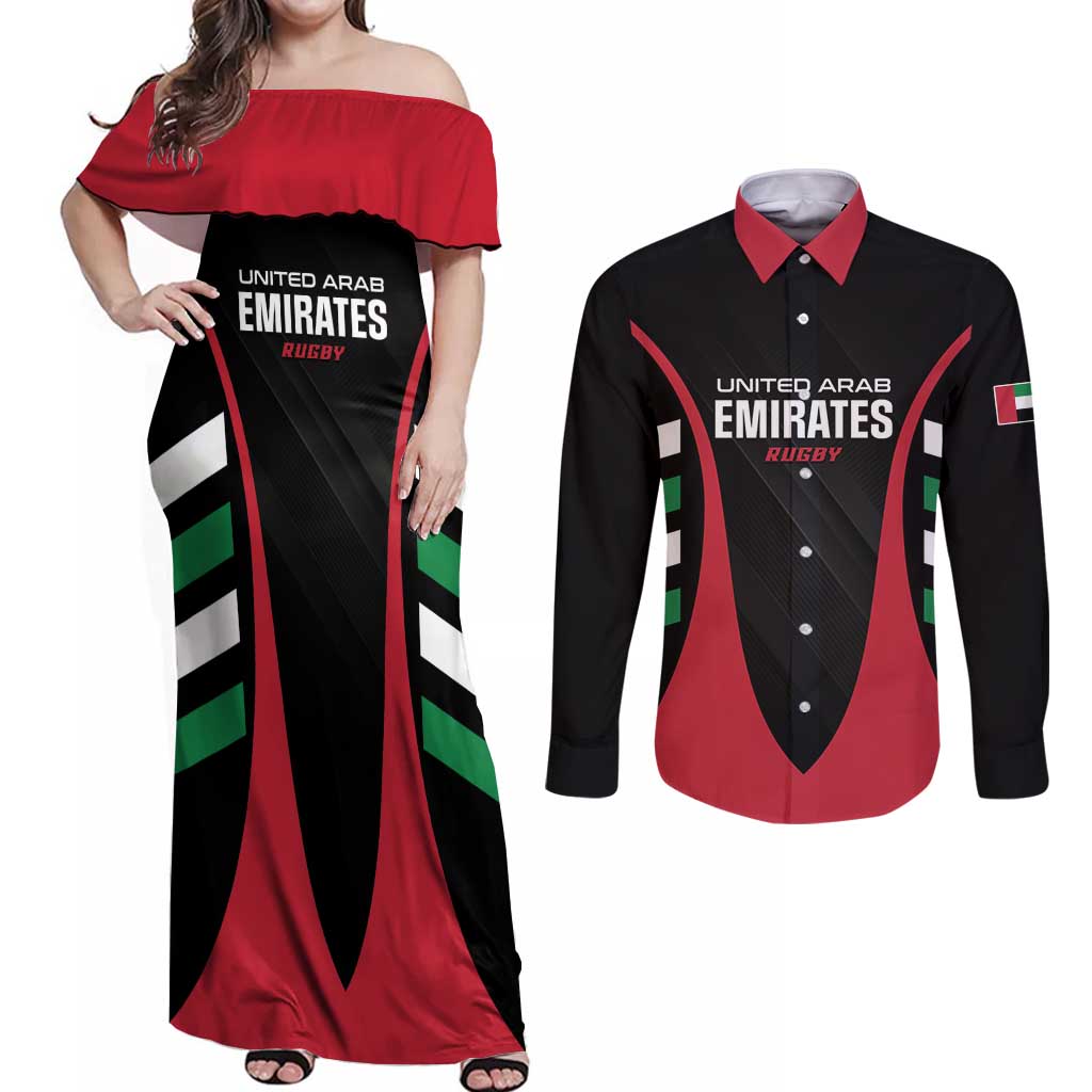 Custom United Arab Emirates Rugby Couples Matching Off Shoulder Maxi Dress and Long Sleeve Button Shirt UAE Go Champions