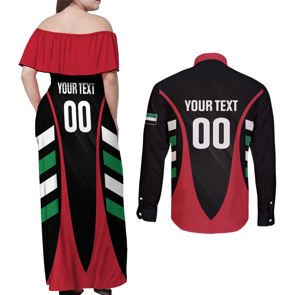 Custom United Arab Emirates Rugby Couples Matching Off Shoulder Maxi Dress and Long Sleeve Button Shirt UAE Go Champions