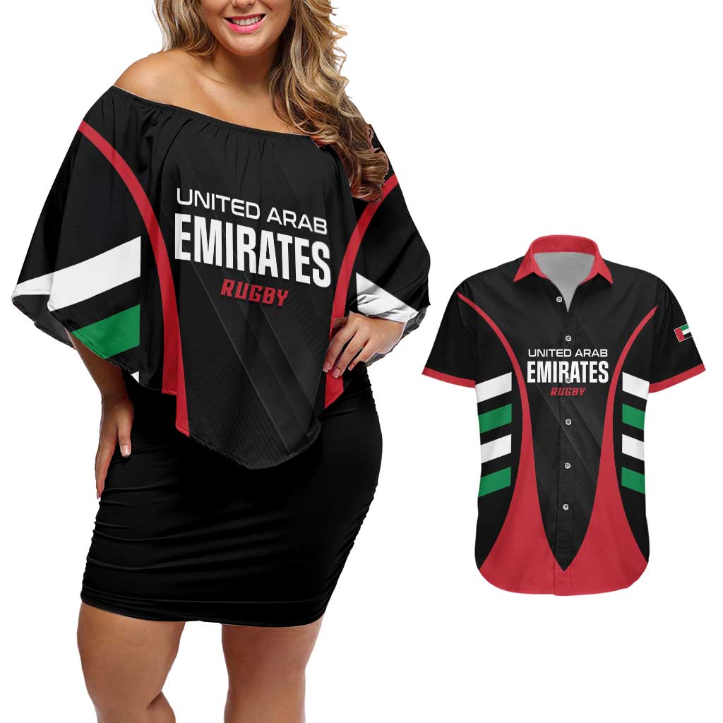 Custom United Arab Emirates Rugby Couples Matching Off Shoulder Short Dress and Hawaiian Shirt UAE Go Champions