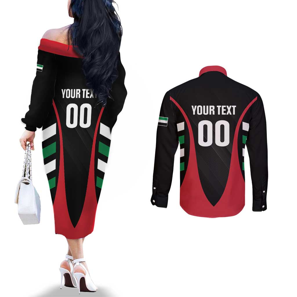 Custom United Arab Emirates Rugby Couples Matching Off The Shoulder Long Sleeve Dress and Long Sleeve Button Shirt UAE Go Champions