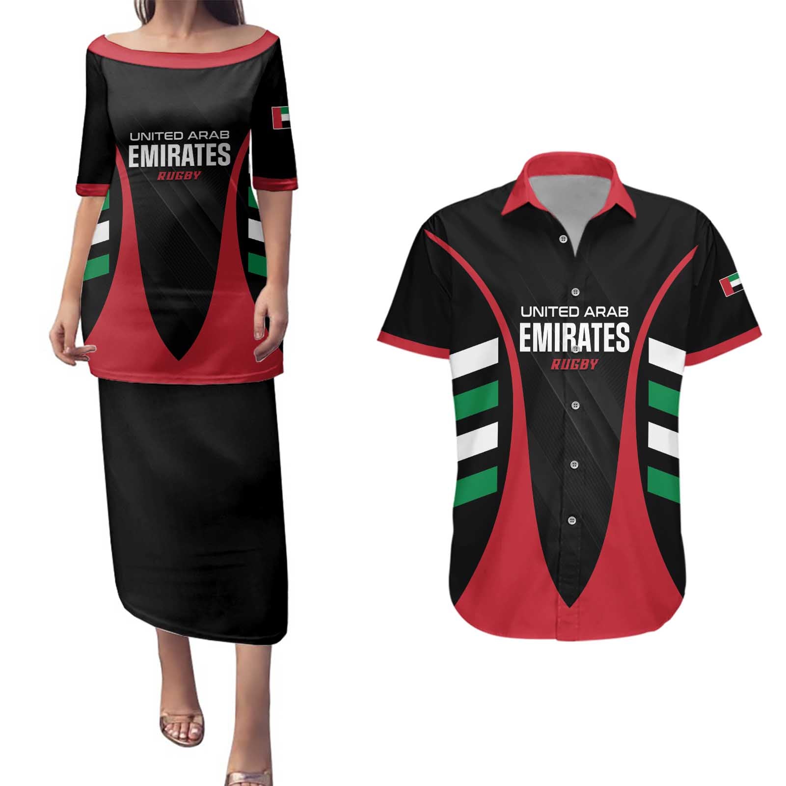 Custom United Arab Emirates Rugby Couples Matching Puletasi and Hawaiian Shirt UAE Go Champions
