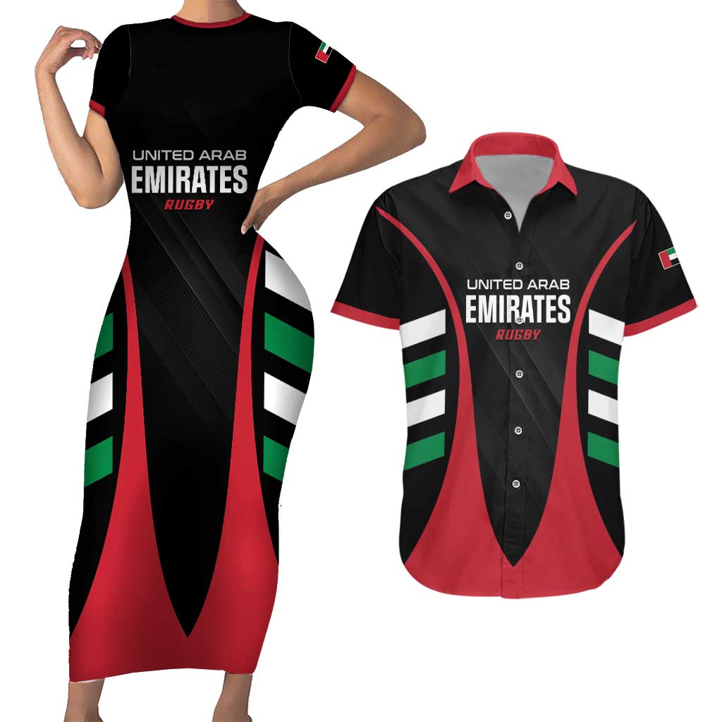 Custom United Arab Emirates Rugby Couples Matching Short Sleeve Bodycon Dress and Hawaiian Shirt UAE Go Champions