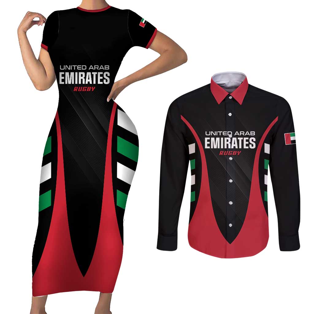 Custom United Arab Emirates Rugby Couples Matching Short Sleeve Bodycon Dress and Long Sleeve Button Shirt UAE Go Champions