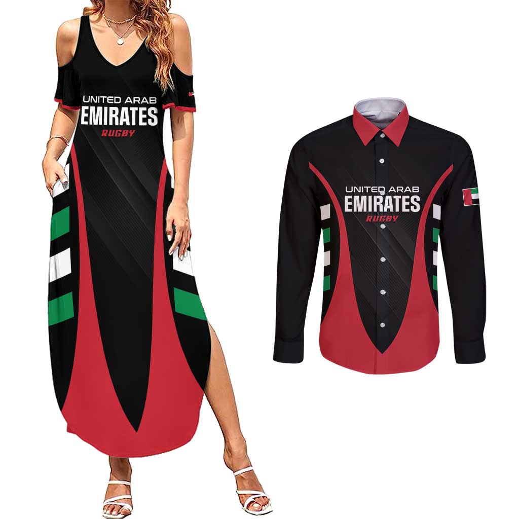 Custom United Arab Emirates Rugby Couples Matching Summer Maxi Dress and Long Sleeve Button Shirt UAE Go Champions