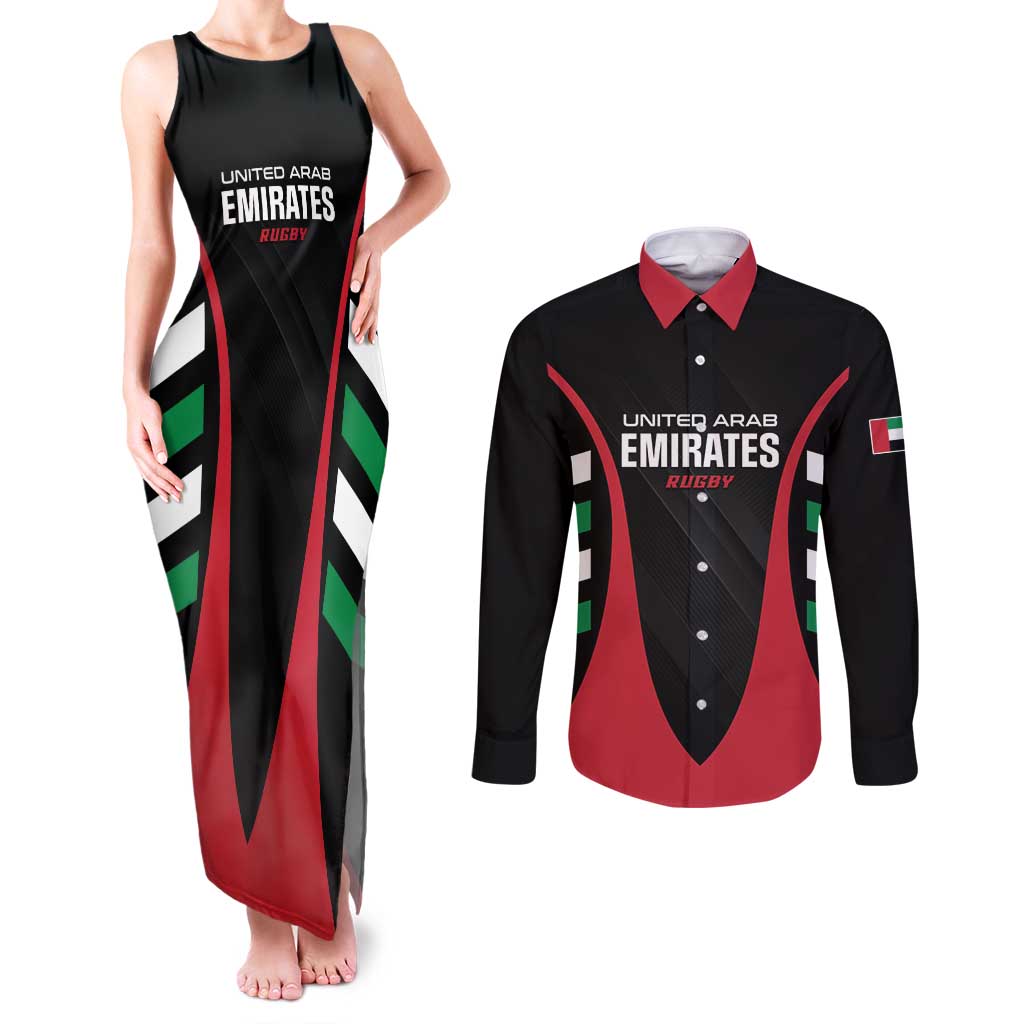 Custom United Arab Emirates Rugby Couples Matching Tank Maxi Dress and Long Sleeve Button Shirt UAE Go Champions