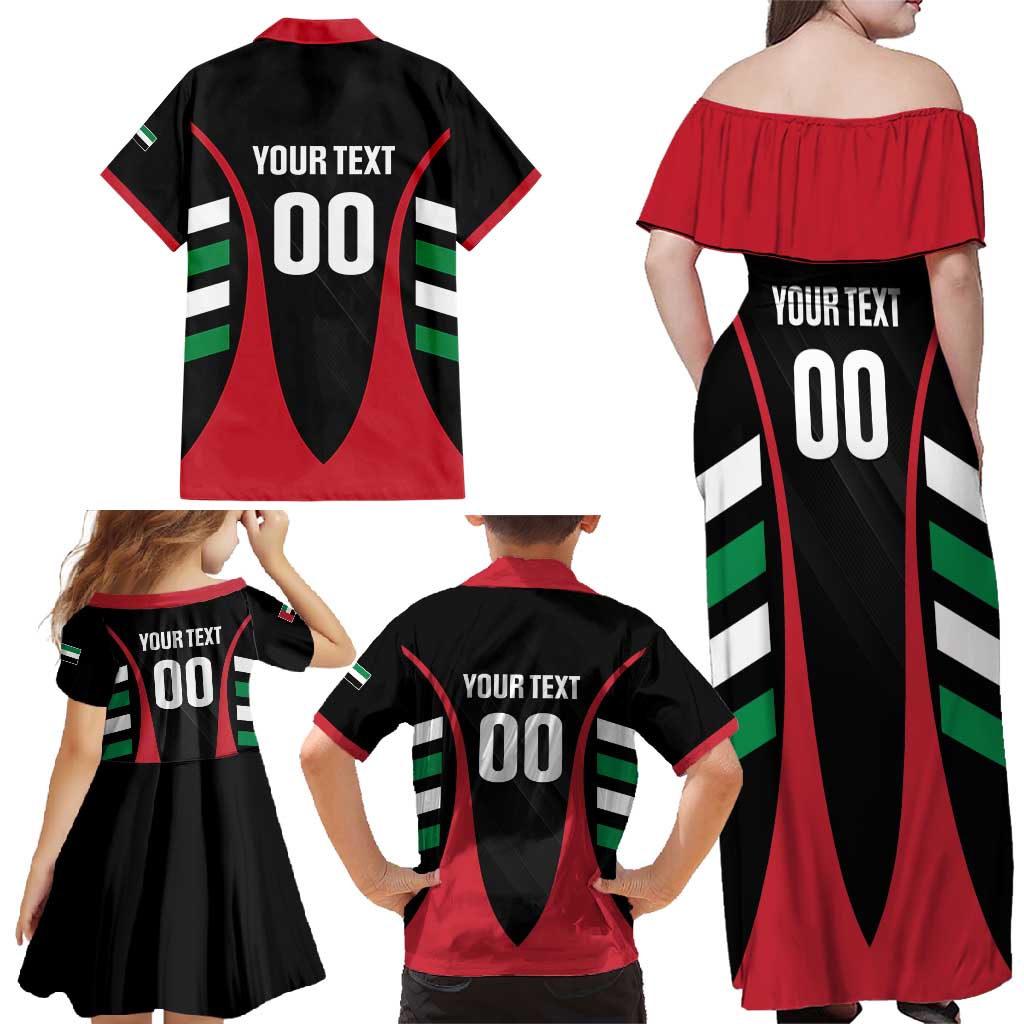 Custom United Arab Emirates Rugby Family Matching Off Shoulder Maxi Dress and Hawaiian Shirt UAE Go Champions