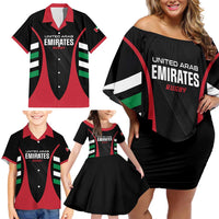 Custom United Arab Emirates Rugby Family Matching Off Shoulder Short Dress and Hawaiian Shirt UAE Go Champions