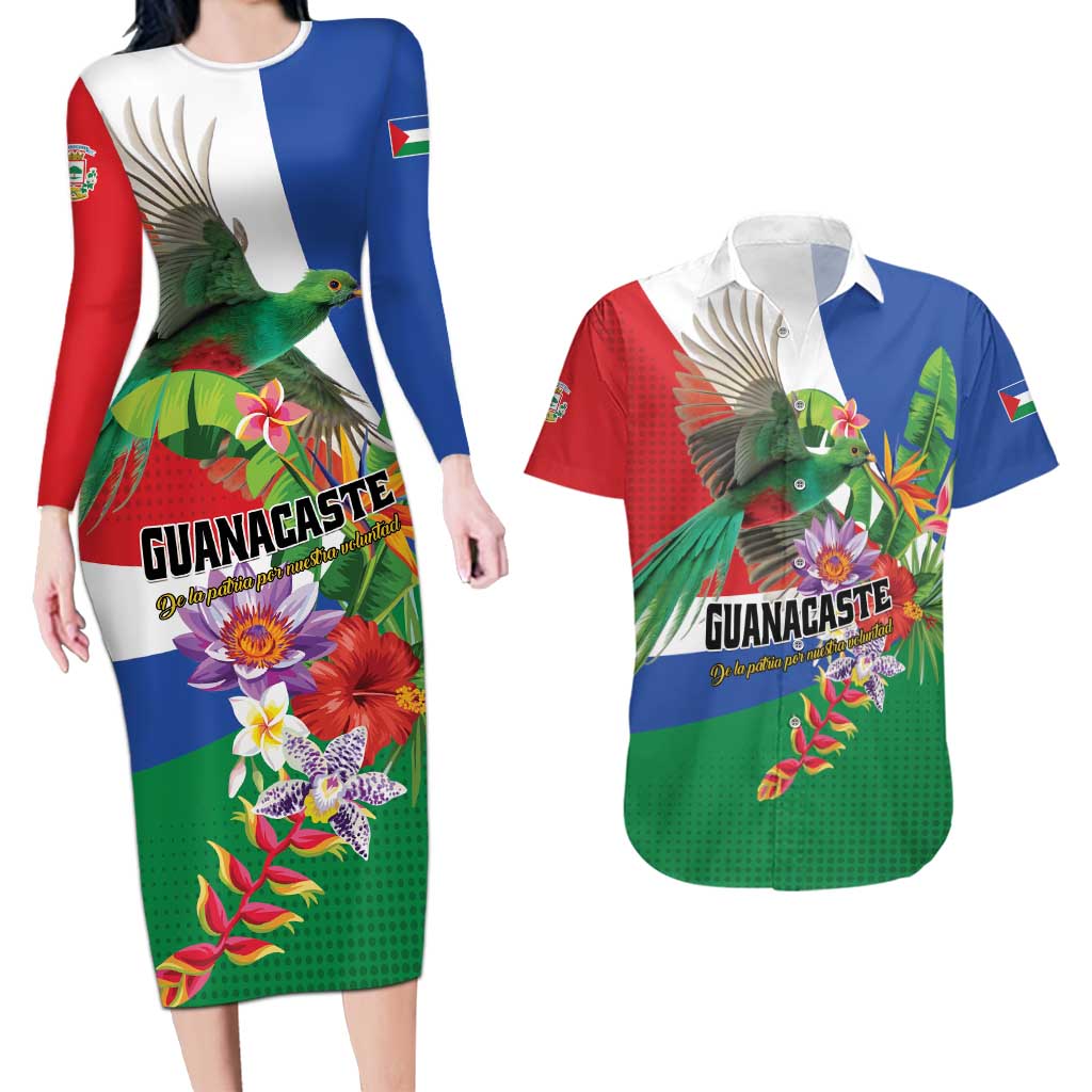 Costa Rica Guanacaste Day Couples Matching Long Sleeve Bodycon Dress and Hawaiian Shirt Resplendent Quetzal Tropical Flowers - Wonder Print Shop