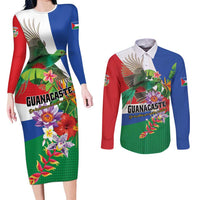 Costa Rica Guanacaste Day Couples Matching Long Sleeve Bodycon Dress and Long Sleeve Button Shirt Resplendent Quetzal Tropical Flowers - Wonder Print Shop