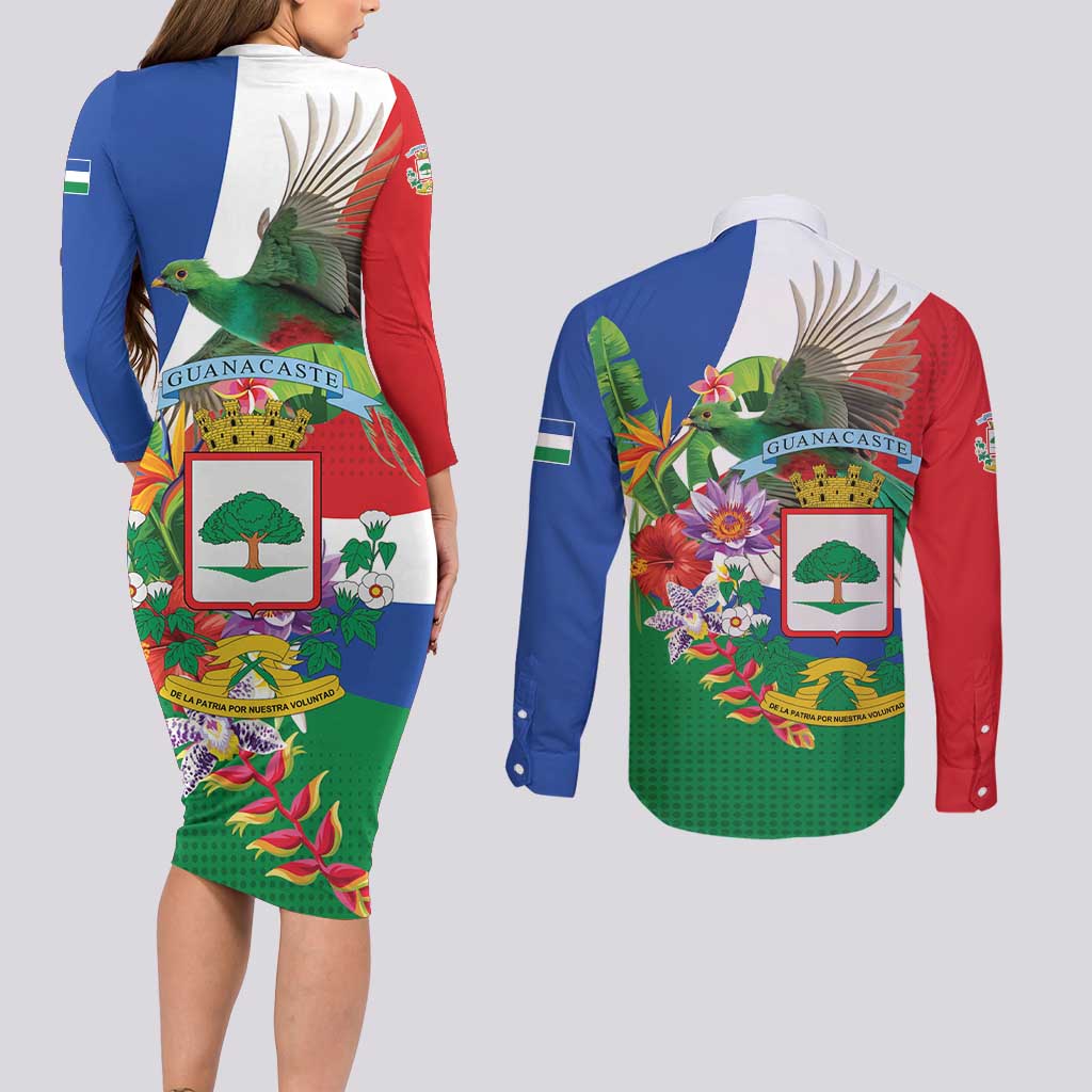 Costa Rica Guanacaste Day Couples Matching Long Sleeve Bodycon Dress and Long Sleeve Button Shirt Resplendent Quetzal Tropical Flowers - Wonder Print Shop