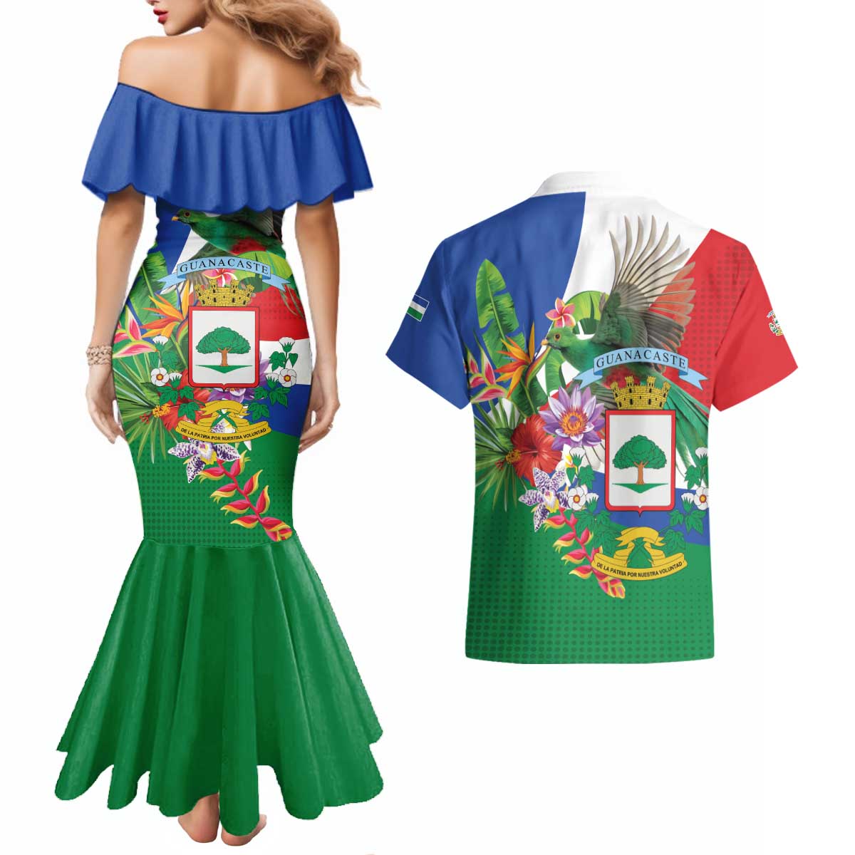 Costa Rica Guanacaste Day Couples Matching Mermaid Dress and Hawaiian Shirt Resplendent Quetzal Tropical Flowers - Wonder Print Shop