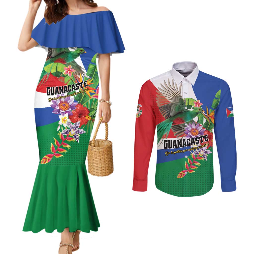 Costa Rica Guanacaste Day Couples Matching Mermaid Dress and Long Sleeve Button Shirt Resplendent Quetzal Tropical Flowers - Wonder Print Shop