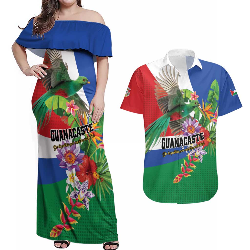 Costa Rica Guanacaste Day Couples Matching Off Shoulder Maxi Dress and Hawaiian Shirt Resplendent Quetzal Tropical Flowers - Wonder Print Shop