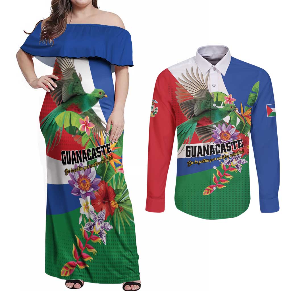 Costa Rica Guanacaste Day Couples Matching Off Shoulder Maxi Dress and Long Sleeve Button Shirt Resplendent Quetzal Tropical Flowers - Wonder Print Shop