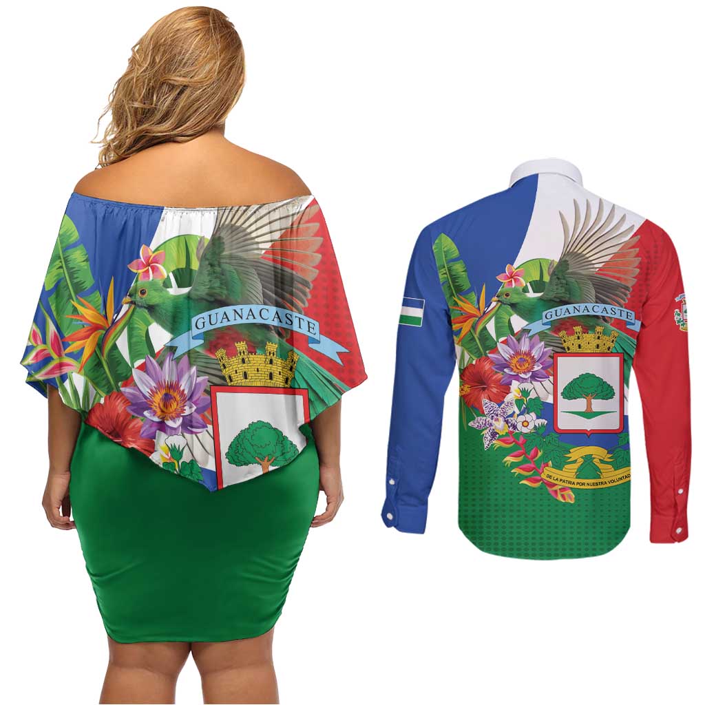 Costa Rica Guanacaste Day Couples Matching Off Shoulder Short Dress and Long Sleeve Button Shirt Resplendent Quetzal Tropical Flowers - Wonder Print Shop