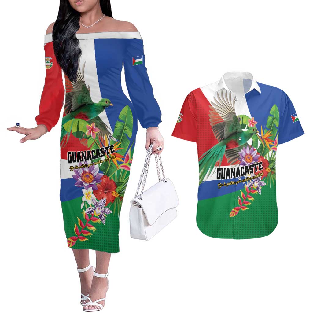 Costa Rica Guanacaste Day Couples Matching Off The Shoulder Long Sleeve Dress and Hawaiian Shirt Resplendent Quetzal Tropical Flowers - Wonder Print Shop