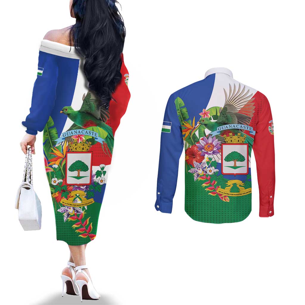 Costa Rica Guanacaste Day Couples Matching Off The Shoulder Long Sleeve Dress and Long Sleeve Button Shirt Resplendent Quetzal Tropical Flowers - Wonder Print Shop