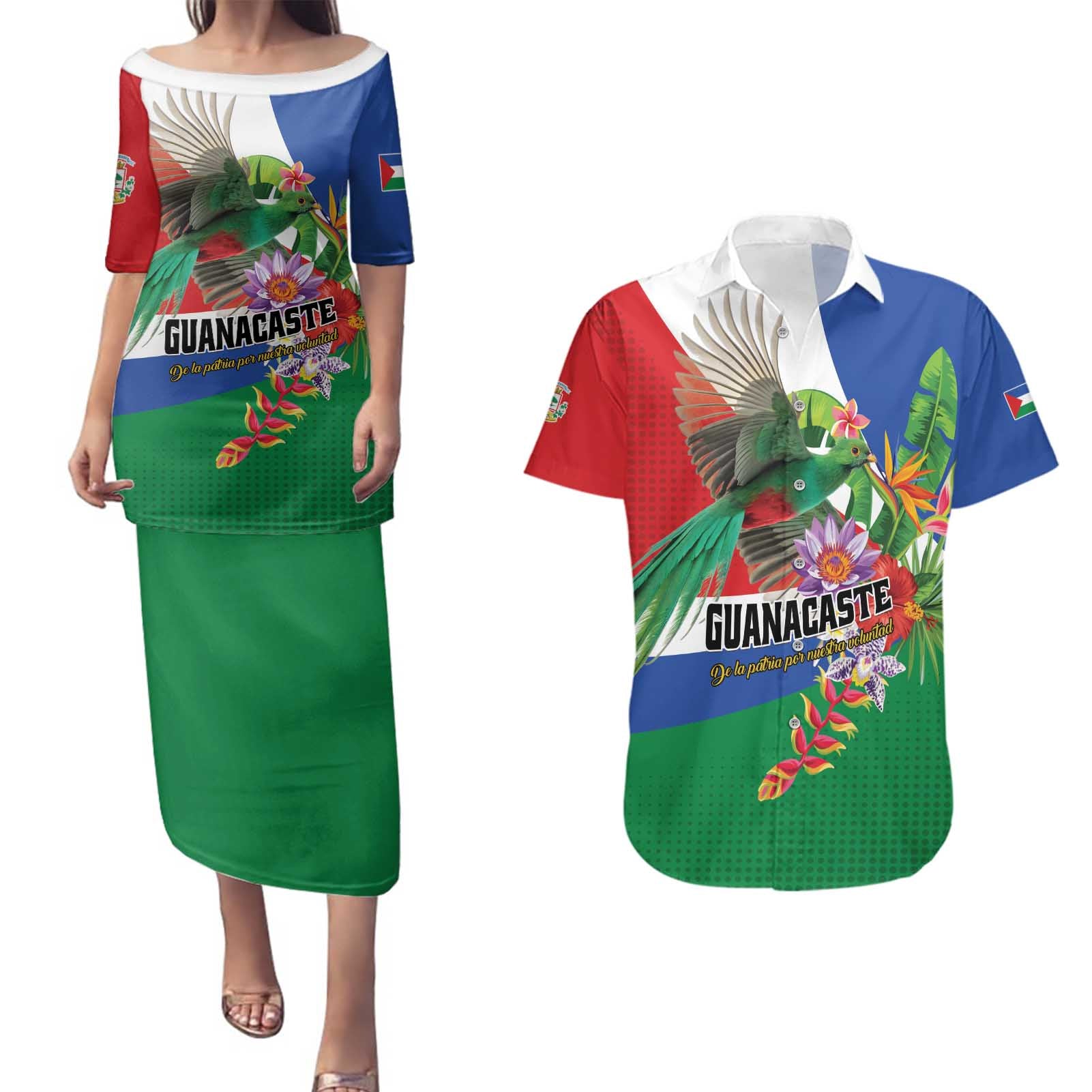 Costa Rica Guanacaste Day Couples Matching Puletasi and Hawaiian Shirt Resplendent Quetzal Tropical Flowers - Wonder Print Shop