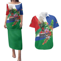 Costa Rica Guanacaste Day Couples Matching Puletasi and Hawaiian Shirt Resplendent Quetzal Tropical Flowers - Wonder Print Shop