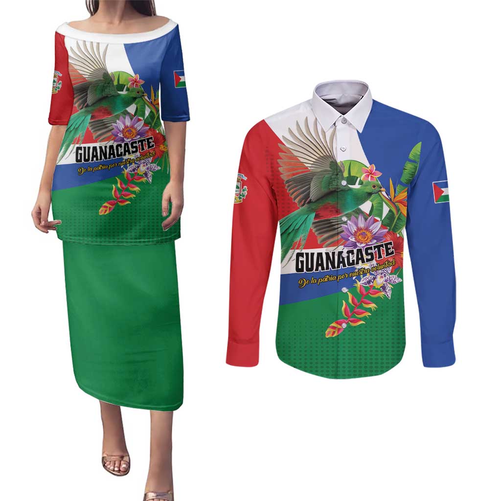 Costa Rica Guanacaste Day Couples Matching Puletasi and Long Sleeve Button Shirt Resplendent Quetzal Tropical Flowers - Wonder Print Shop