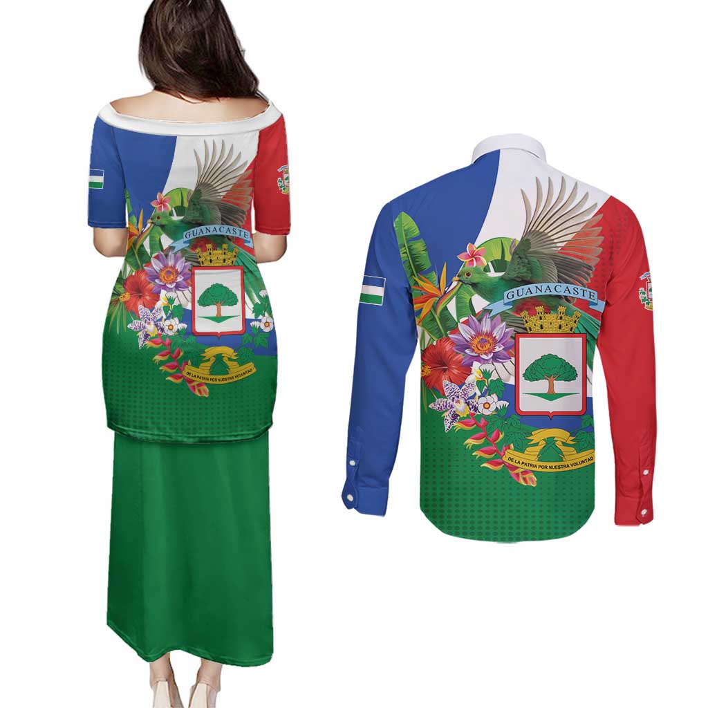Costa Rica Guanacaste Day Couples Matching Puletasi and Long Sleeve Button Shirt Resplendent Quetzal Tropical Flowers - Wonder Print Shop