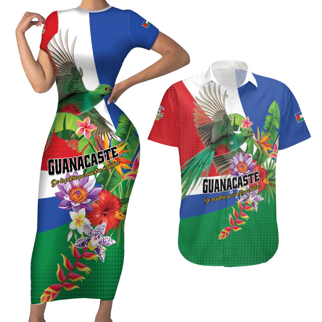Costa Rica Guanacaste Day Couples Matching Short Sleeve Bodycon Dress and Hawaiian Shirt Resplendent Quetzal Tropical Flowers - Wonder Print Shop