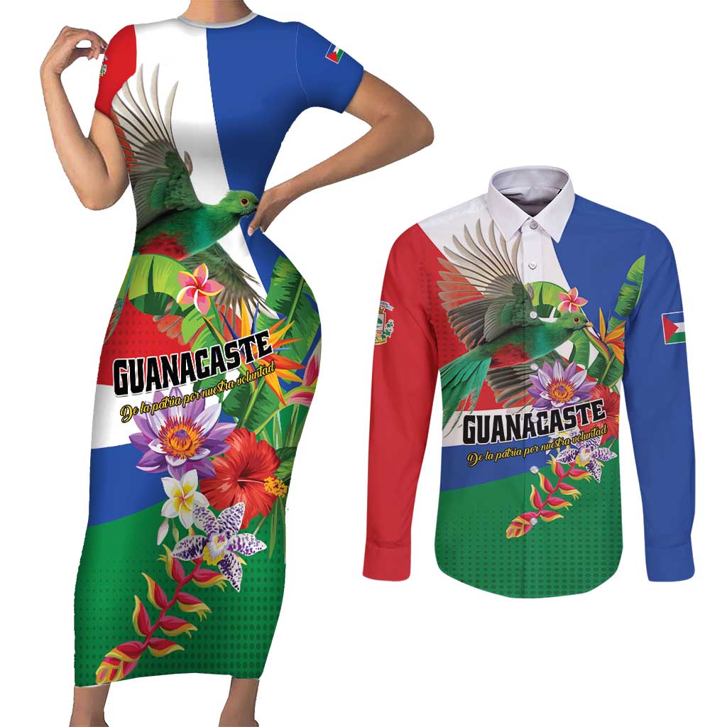 Costa Rica Guanacaste Day Couples Matching Short Sleeve Bodycon Dress and Long Sleeve Button Shirt Resplendent Quetzal Tropical Flowers - Wonder Print Shop