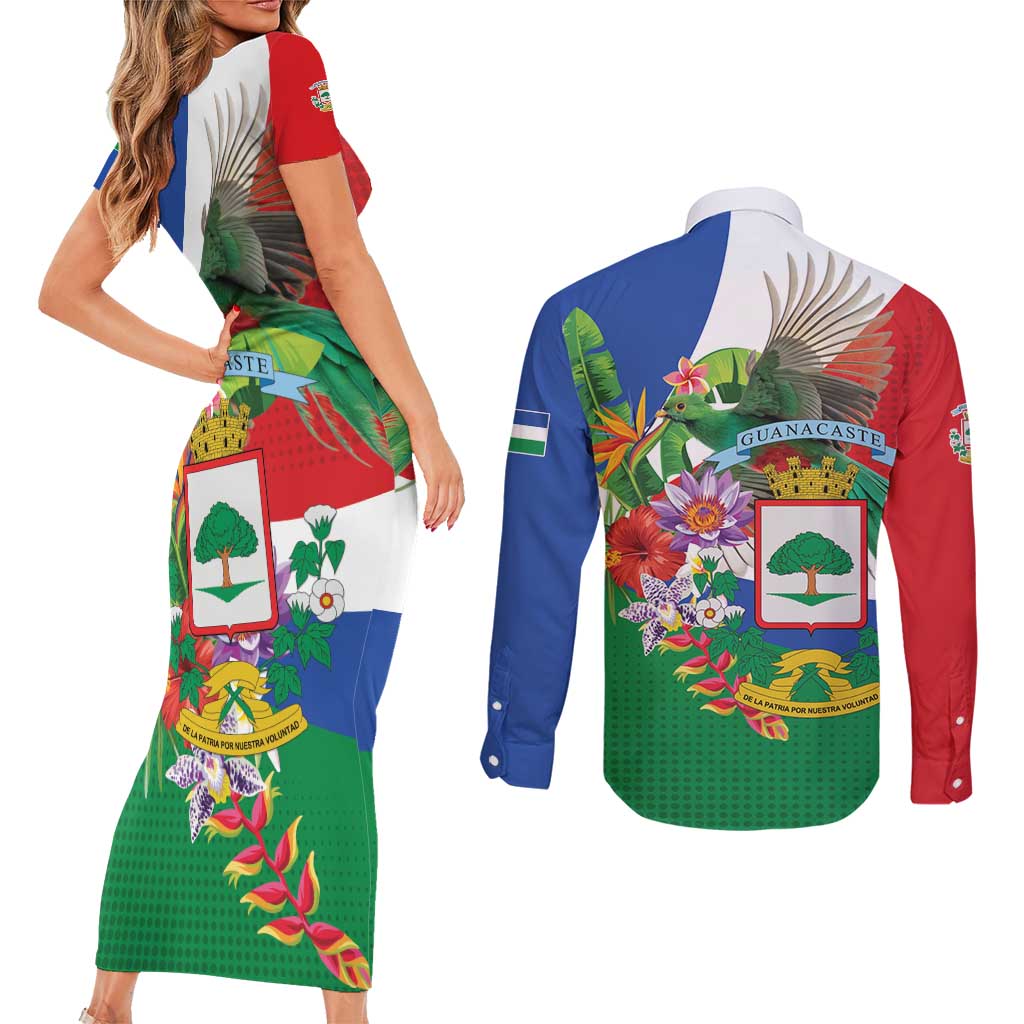 Costa Rica Guanacaste Day Couples Matching Short Sleeve Bodycon Dress and Long Sleeve Button Shirt Resplendent Quetzal Tropical Flowers - Wonder Print Shop