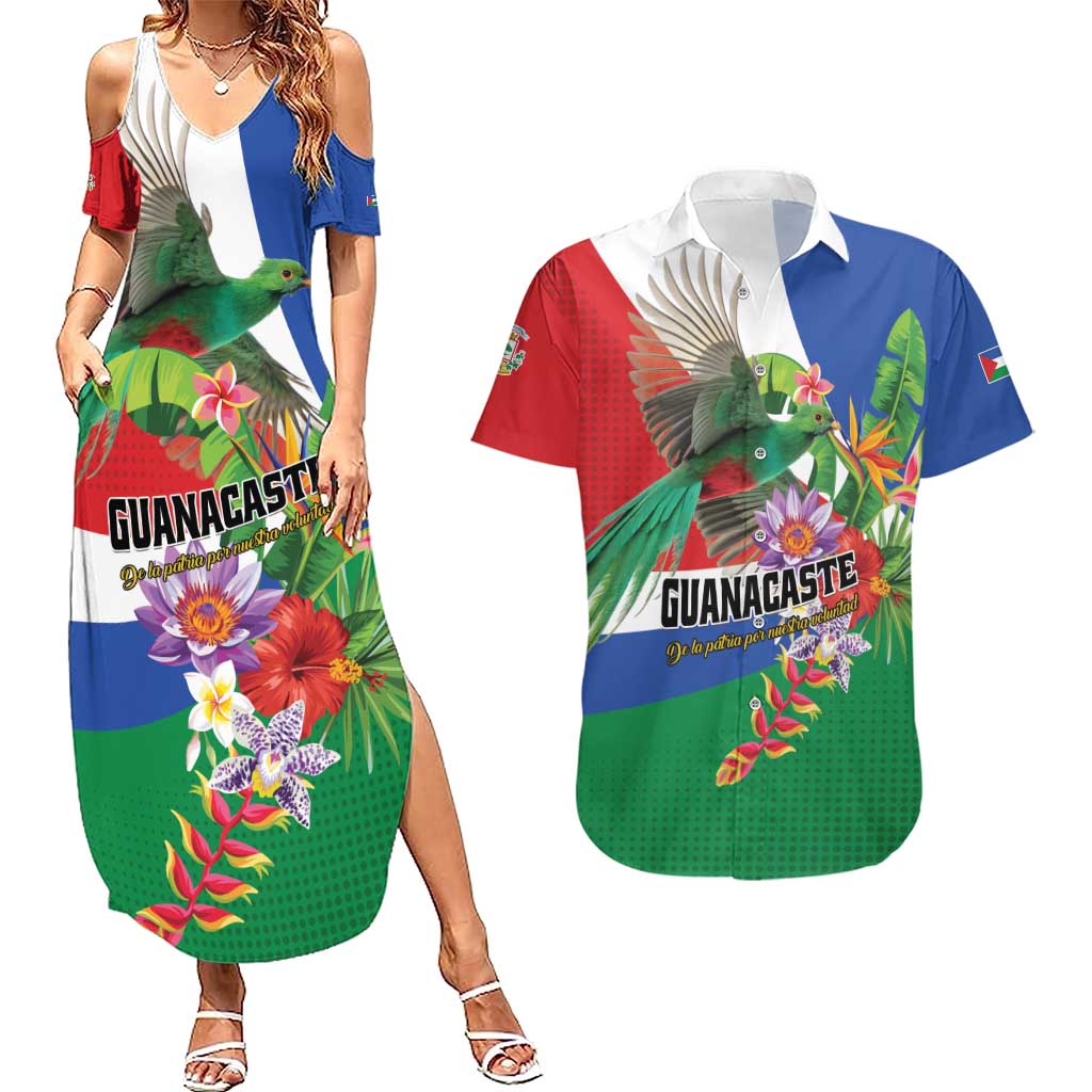 Costa Rica Guanacaste Day Couples Matching Summer Maxi Dress and Hawaiian Shirt Resplendent Quetzal Tropical Flowers - Wonder Print Shop