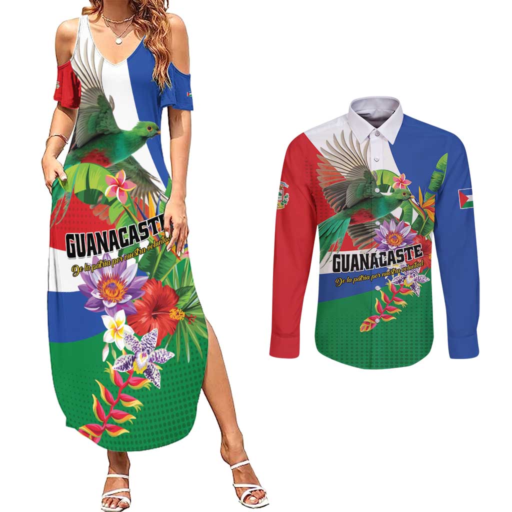Costa Rica Guanacaste Day Couples Matching Summer Maxi Dress and Long Sleeve Button Shirt Resplendent Quetzal Tropical Flowers - Wonder Print Shop