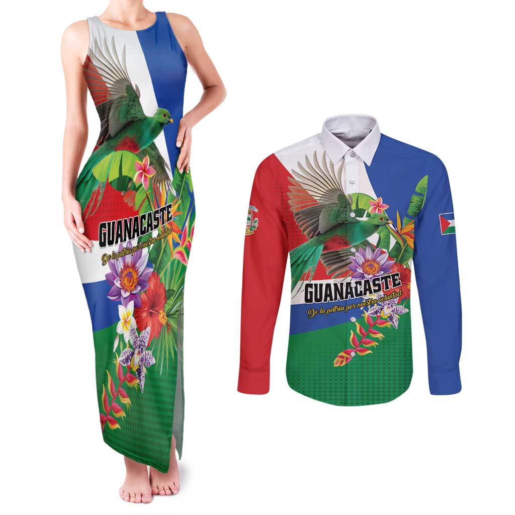 Costa Rica Guanacaste Day Couples Matching Tank Maxi Dress and Long Sleeve Button Shirt Resplendent Quetzal Tropical Flowers - Wonder Print Shop