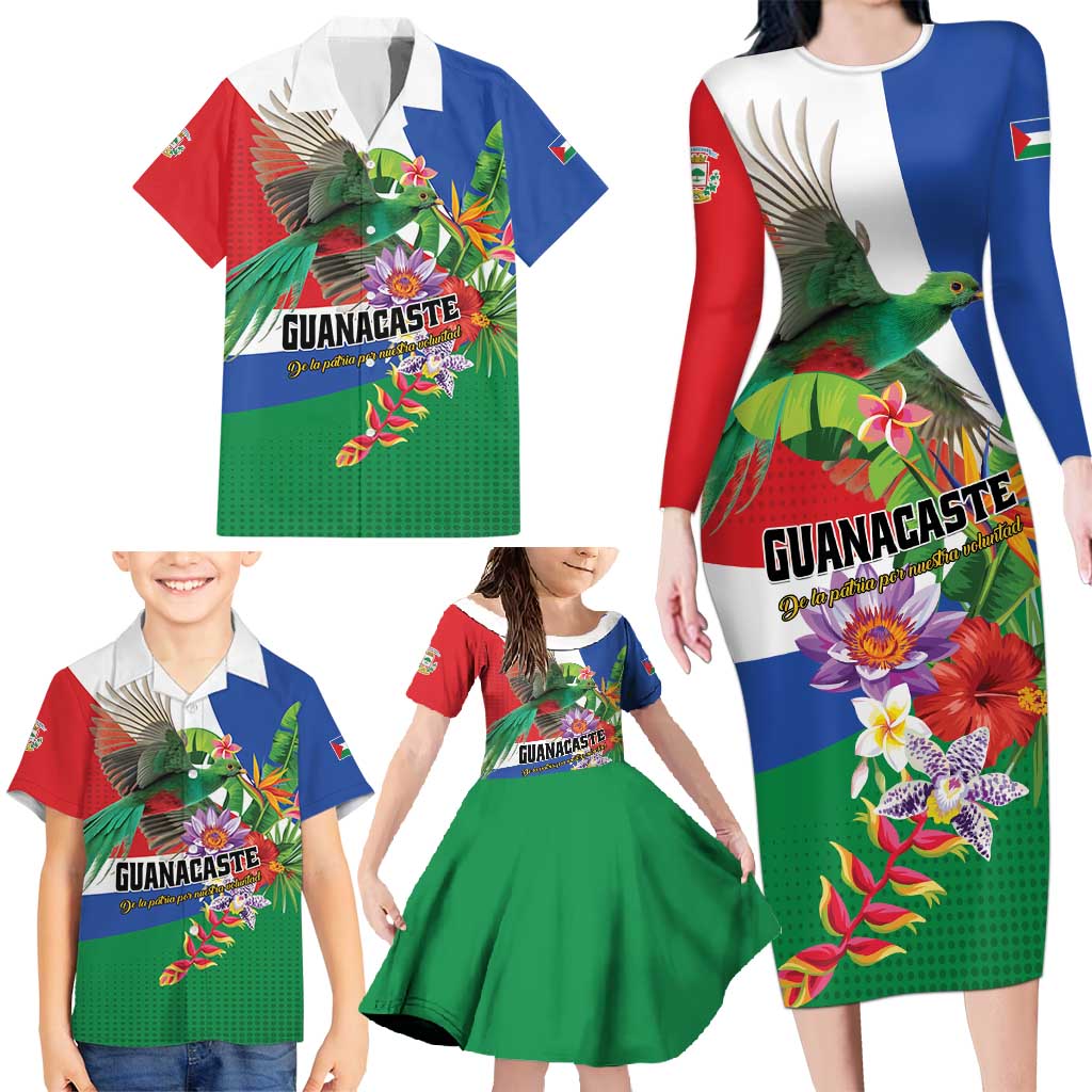 Costa Rica Guanacaste Day Family Matching Long Sleeve Bodycon Dress and Hawaiian Shirt Resplendent Quetzal Tropical Flowers - Wonder Print Shop