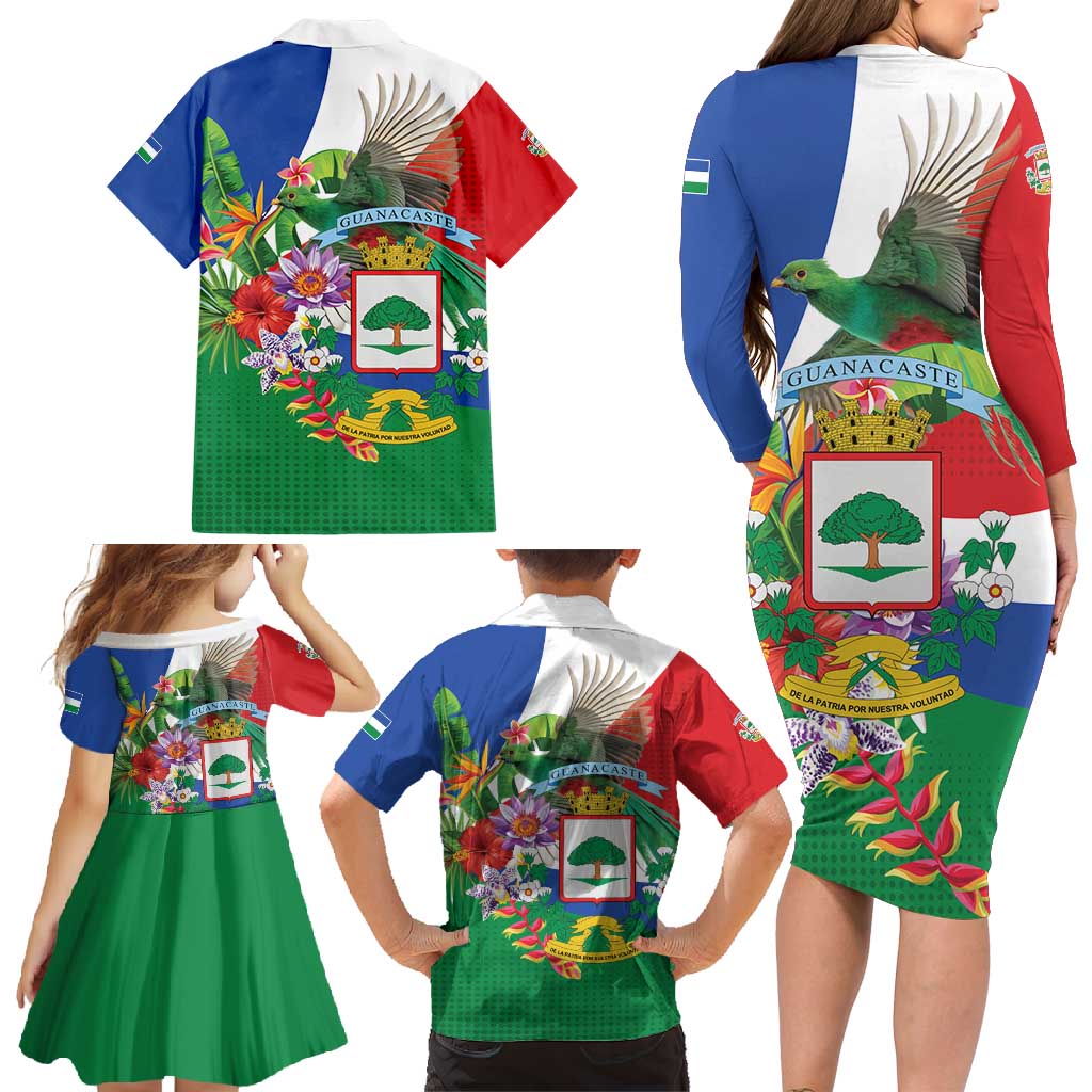 Costa Rica Guanacaste Day Family Matching Long Sleeve Bodycon Dress and Hawaiian Shirt Resplendent Quetzal Tropical Flowers - Wonder Print Shop