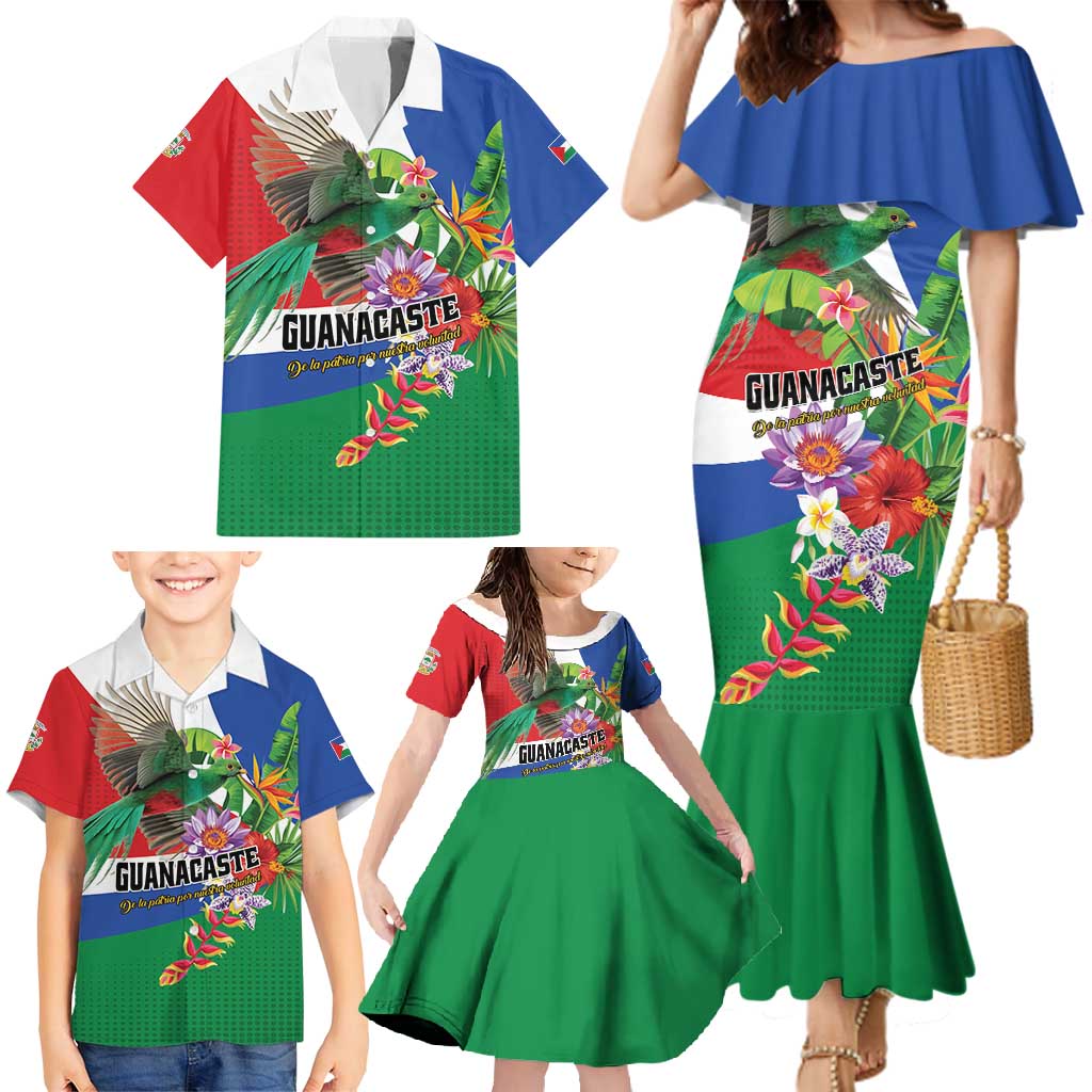 Costa Rica Guanacaste Day Family Matching Mermaid Dress and Hawaiian Shirt Resplendent Quetzal Tropical Flowers - Wonder Print Shop