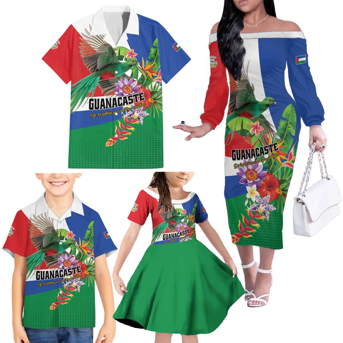 Costa Rica Guanacaste Day Family Matching Off The Shoulder Long Sleeve Dress and Hawaiian Shirt Resplendent Quetzal Tropical Flowers - Wonder Print Shop