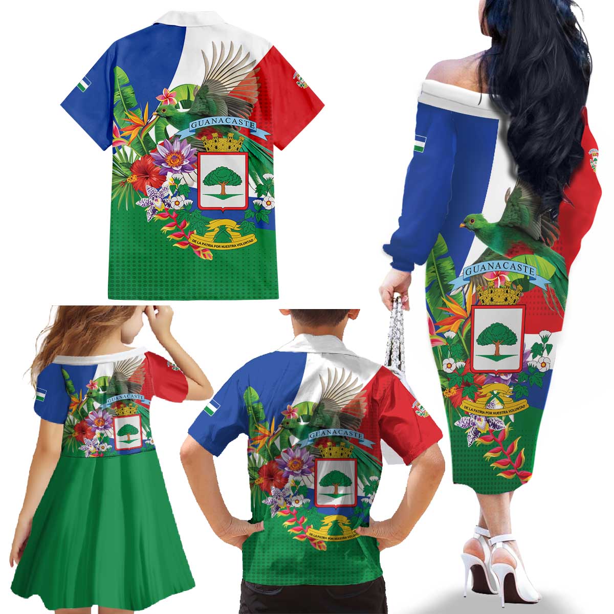 Costa Rica Guanacaste Day Family Matching Off The Shoulder Long Sleeve Dress and Hawaiian Shirt Resplendent Quetzal Tropical Flowers - Wonder Print Shop