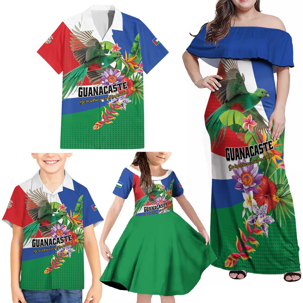 Costa Rica Guanacaste Day Family Matching Off Shoulder Maxi Dress and Hawaiian Shirt Resplendent Quetzal Tropical Flowers - Wonder Print Shop