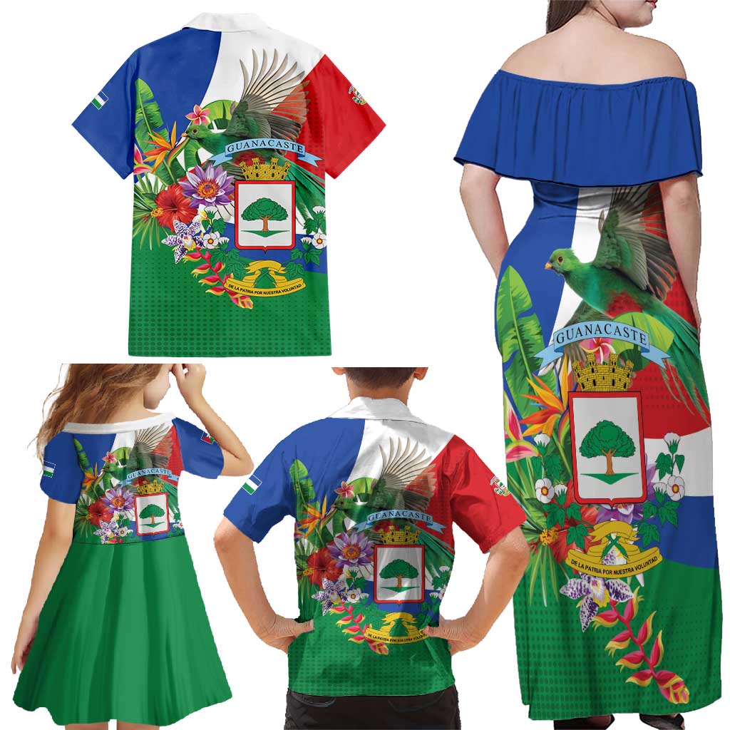 Costa Rica Guanacaste Day Family Matching Off Shoulder Maxi Dress and Hawaiian Shirt Resplendent Quetzal Tropical Flowers - Wonder Print Shop