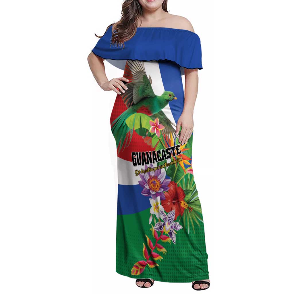 Costa Rica Guanacaste Day Family Matching Off Shoulder Maxi Dress and Hawaiian Shirt Resplendent Quetzal Tropical Flowers - Wonder Print Shop