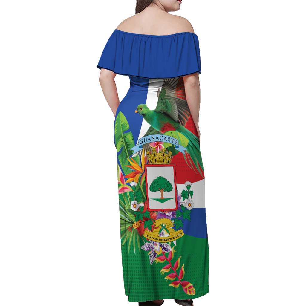Costa Rica Guanacaste Day Family Matching Off Shoulder Maxi Dress and Hawaiian Shirt Resplendent Quetzal Tropical Flowers - Wonder Print Shop