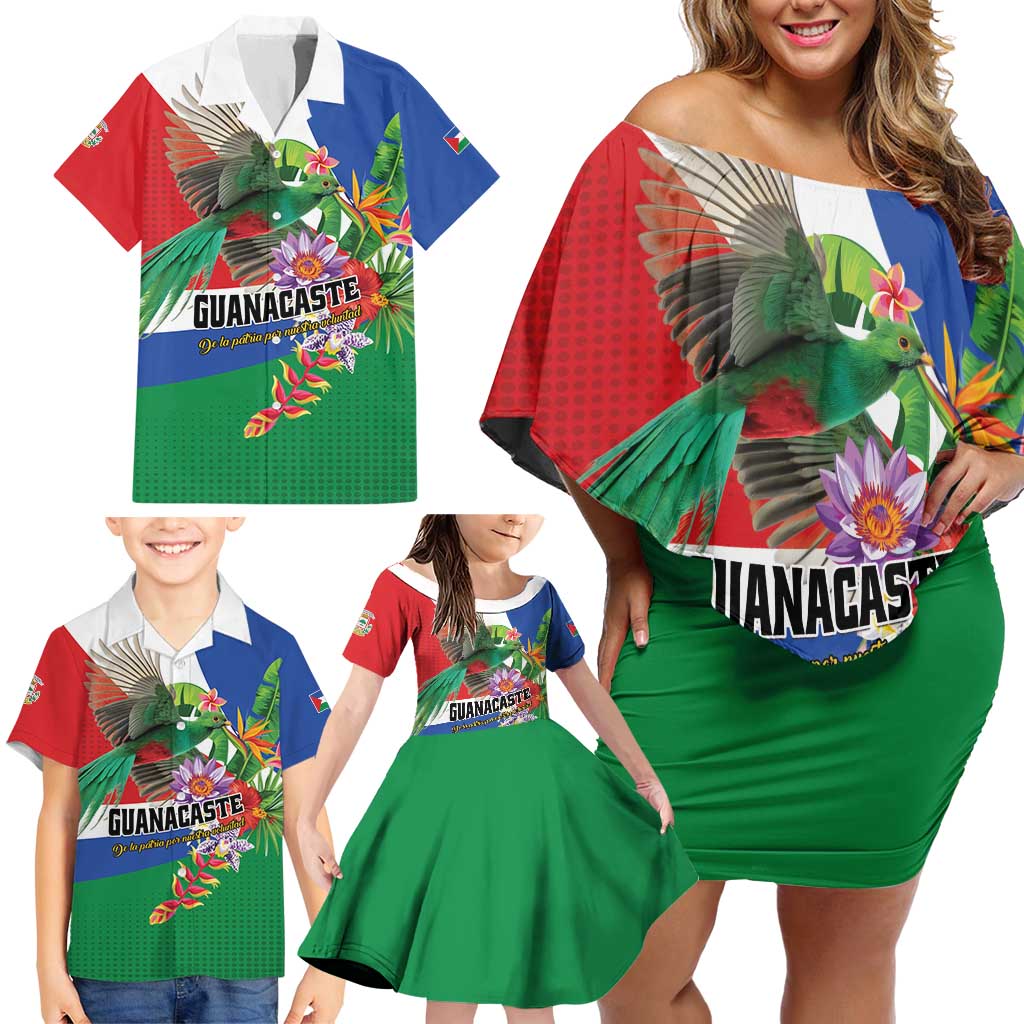 Costa Rica Guanacaste Day Family Matching Off Shoulder Short Dress and Hawaiian Shirt Resplendent Quetzal Tropical Flowers - Wonder Print Shop