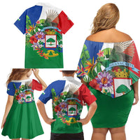 Costa Rica Guanacaste Day Family Matching Off Shoulder Short Dress and Hawaiian Shirt Resplendent Quetzal Tropical Flowers - Wonder Print Shop