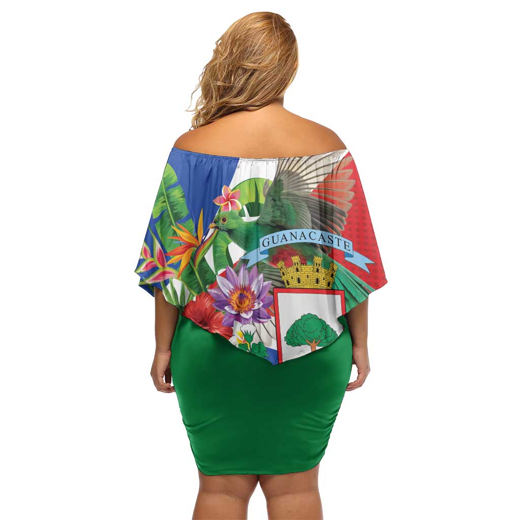 Costa Rica Guanacaste Day Family Matching Off Shoulder Short Dress and Hawaiian Shirt Resplendent Quetzal Tropical Flowers - Wonder Print Shop