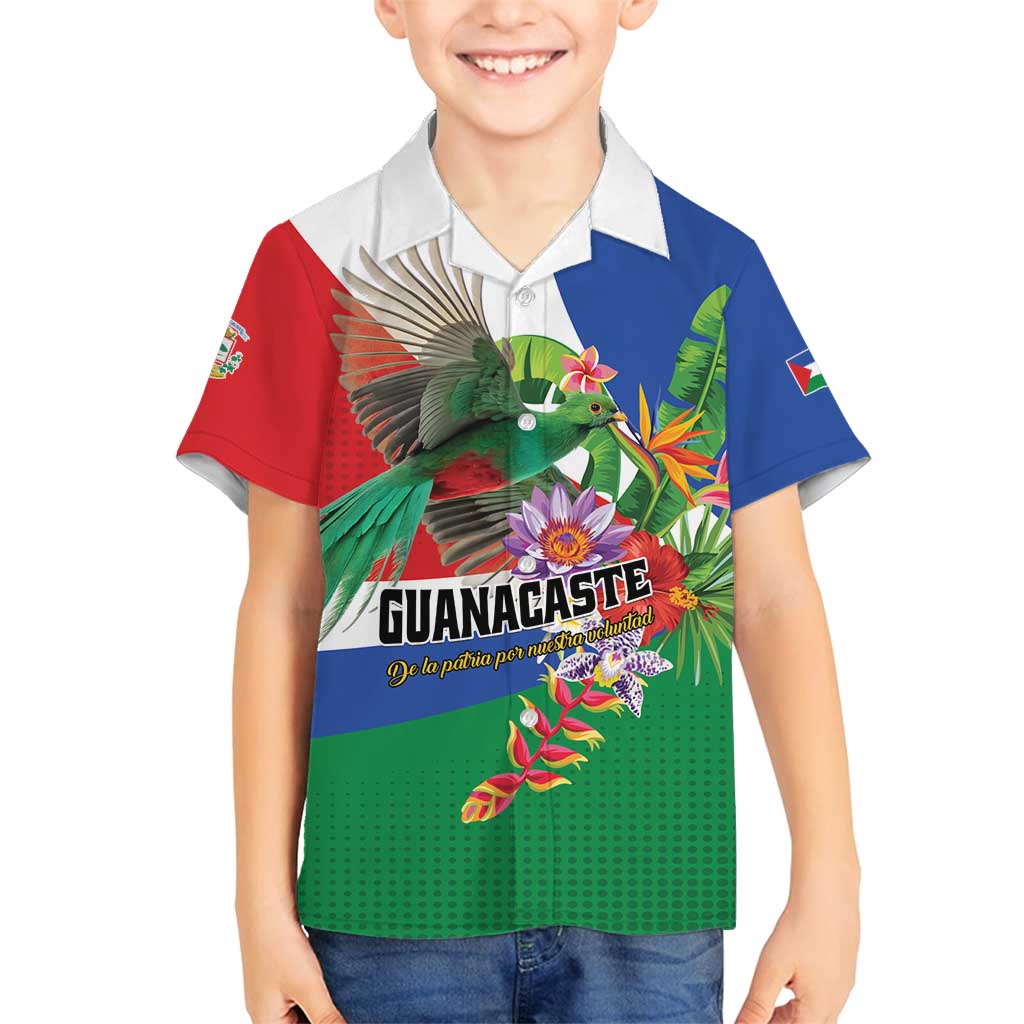 Costa Rica Guanacaste Day Family Matching Off Shoulder Short Dress and Hawaiian Shirt Resplendent Quetzal Tropical Flowers - Wonder Print Shop
