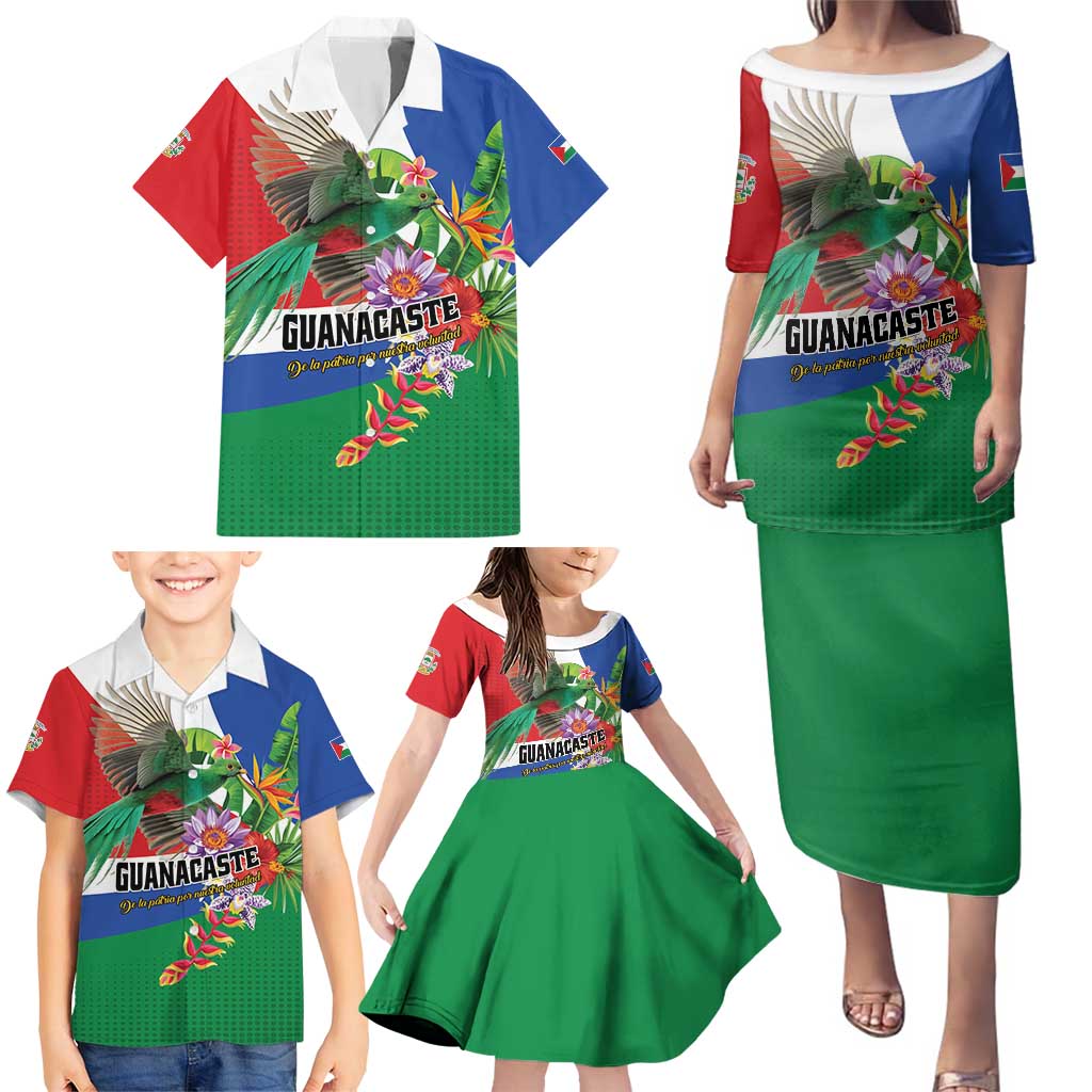 Costa Rica Guanacaste Day Family Matching Puletasi and Hawaiian Shirt Resplendent Quetzal Tropical Flowers - Wonder Print Shop